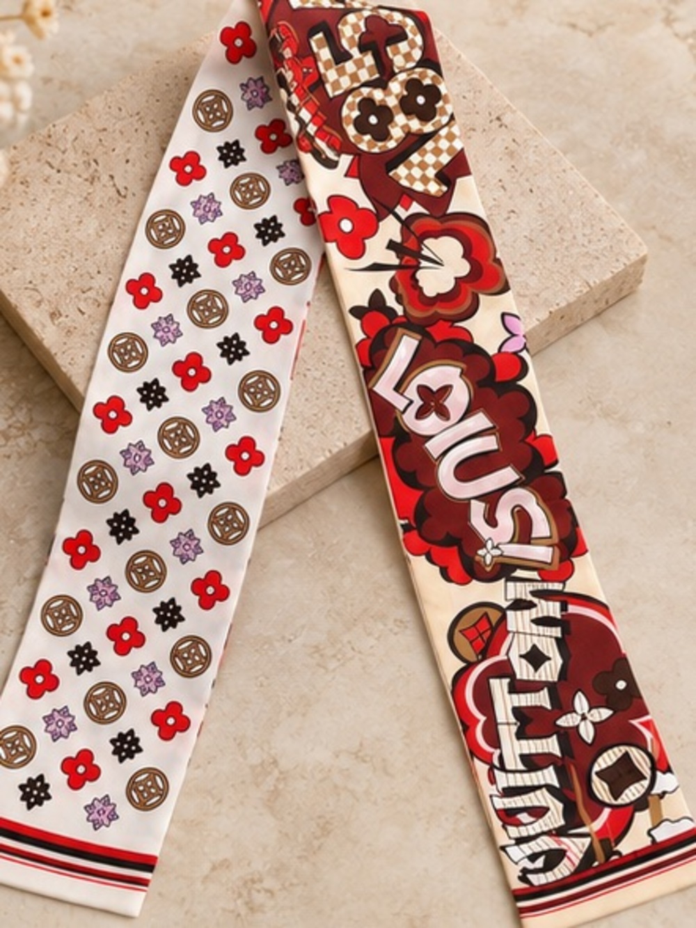 Large Red Cream Floral Graffiti Twilly Scarf Designer Inspired